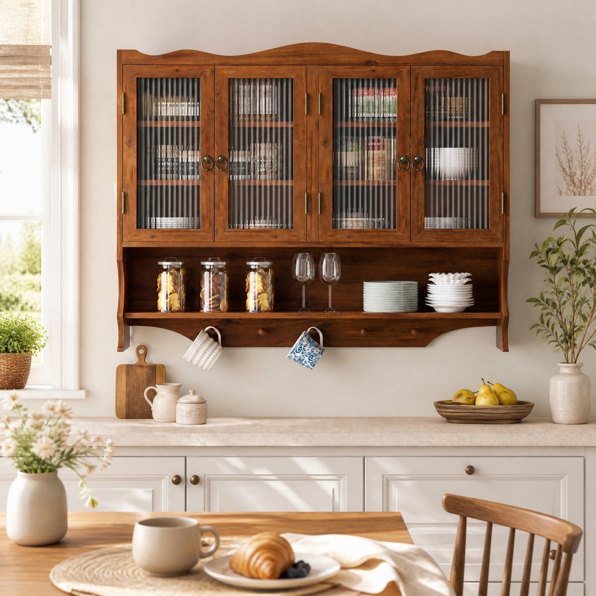 Wandkast Retro Met 4 Deuren En Open Hakenrek Voor Keuken Badkamer En Eetkamer Van Hout En Glas 100x20x80 Cm Bruin