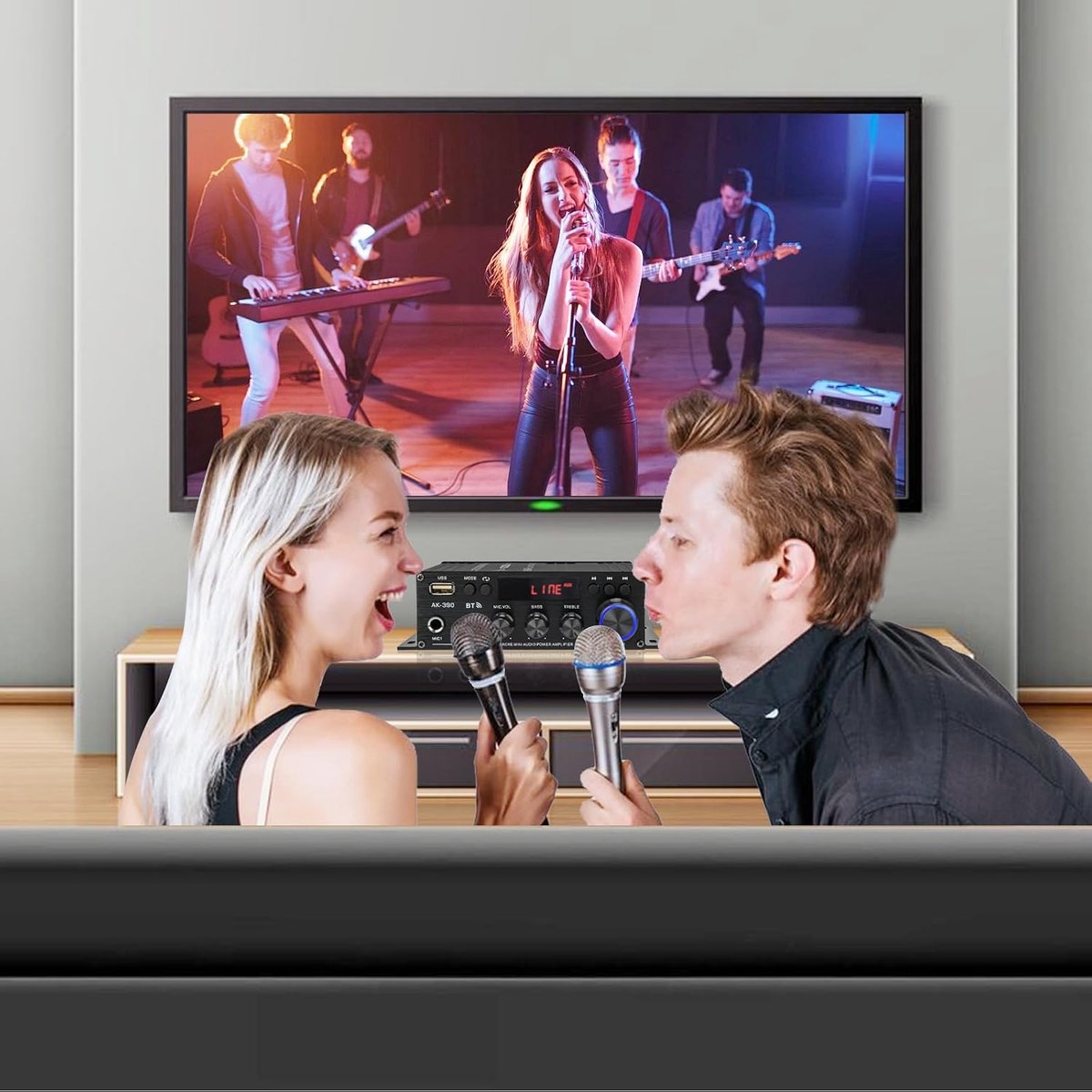 Bluetooth 5.0 Versterker - HiFi Stereo Versterker - Mini Audioversterker - 2.0 Kanaals - FM Radio - EQ 6 Standen - AUX/USB/RCA - 2 Microfoon - met Afstandsbediening - Voor Thuisbioscoop & Karaoke thumbnail 3