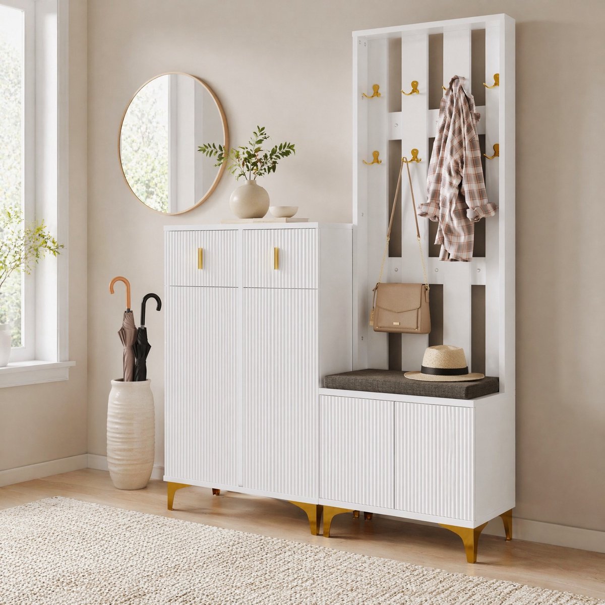 HAUSS SPOLE Halmeubel – Schoenenkast Met 2 Lades En Deuren, Kapstok Met Gouden Haken En Zitkussen – Wit – 143,5x35,2x180,5 Cm