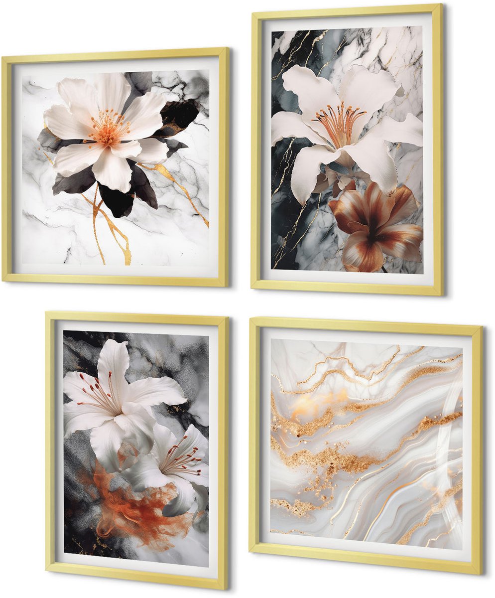 Coloray 4-Delige Schilderij Set - Bloemen op een marmeren achtergrond in wit- en zwarttinten. - 40 x 40 cm en 40 x 60 cm - Moderne Wanddecoratie - Woonkamer - Interieur Decoratie