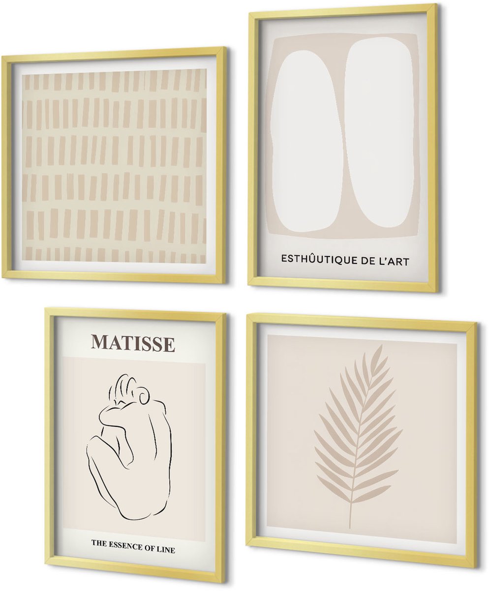 Coloray 4-Delige Schilderij Set - Lijnen en vormen in beige en witte tinten. - 40 x 40 cm en 40 x 60 cm - Muurdecoratie - Interieur Decoratie
