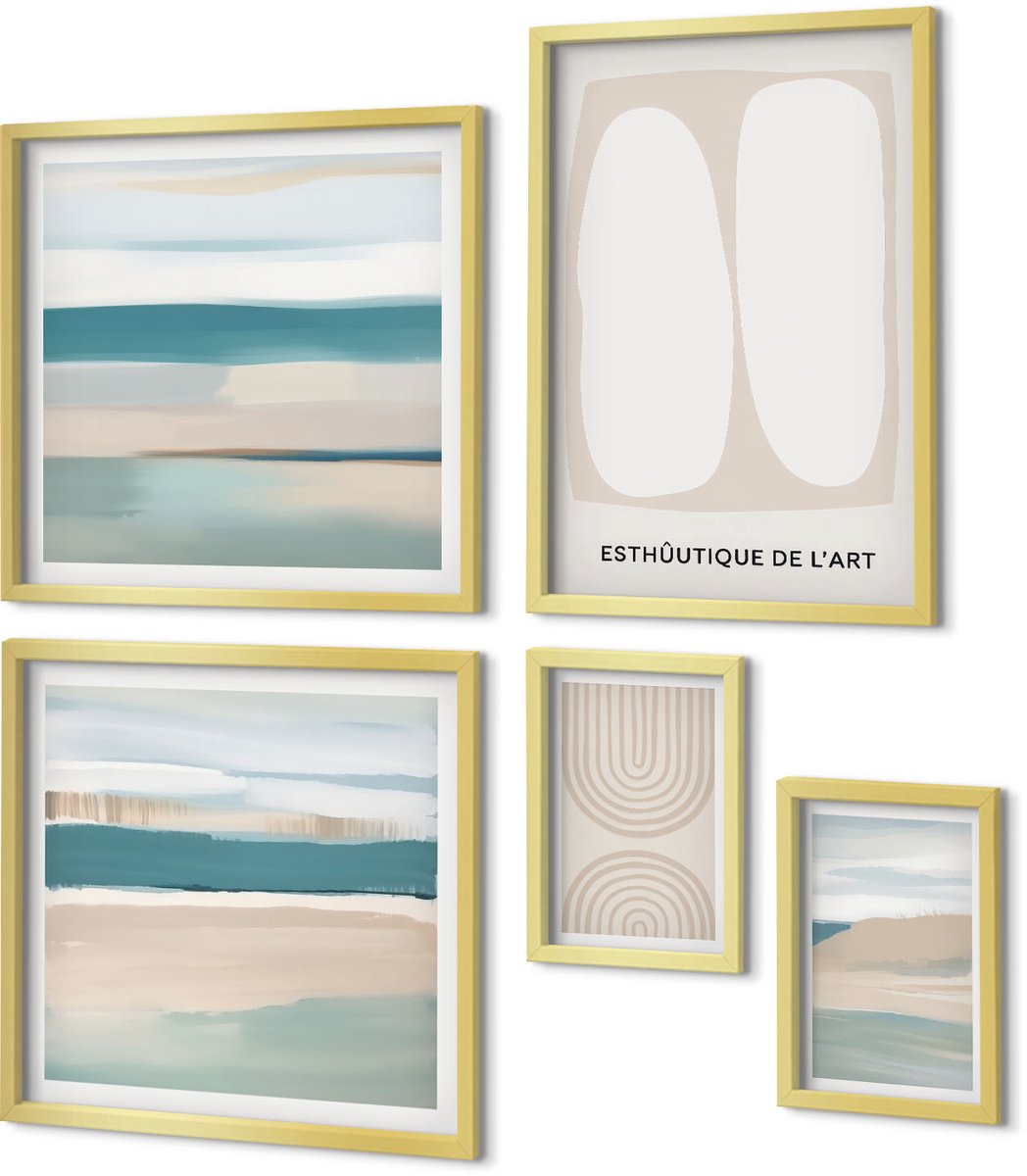 Coloray 5-Delige Schilderij Set - Abstracte Composities In Tinten Van Natuur En Geometrie. - 50 x 50 cm, 20 x 30 cm En 40 x 60 cm - Stijlvolle Muurdecoratie - Slaapkamer