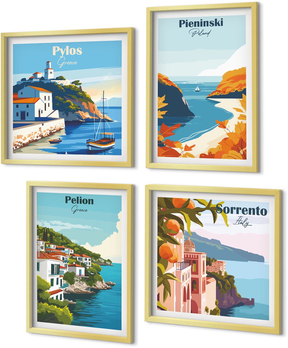 Coloray 4-Delige Schilderij Set - Schilderachtige landschappen in retrostijl - 40 x 40 cm en 40 x 60 cm - Moderne Wanddecoratie - Slaapkamer - Decoratieve Schilderijen