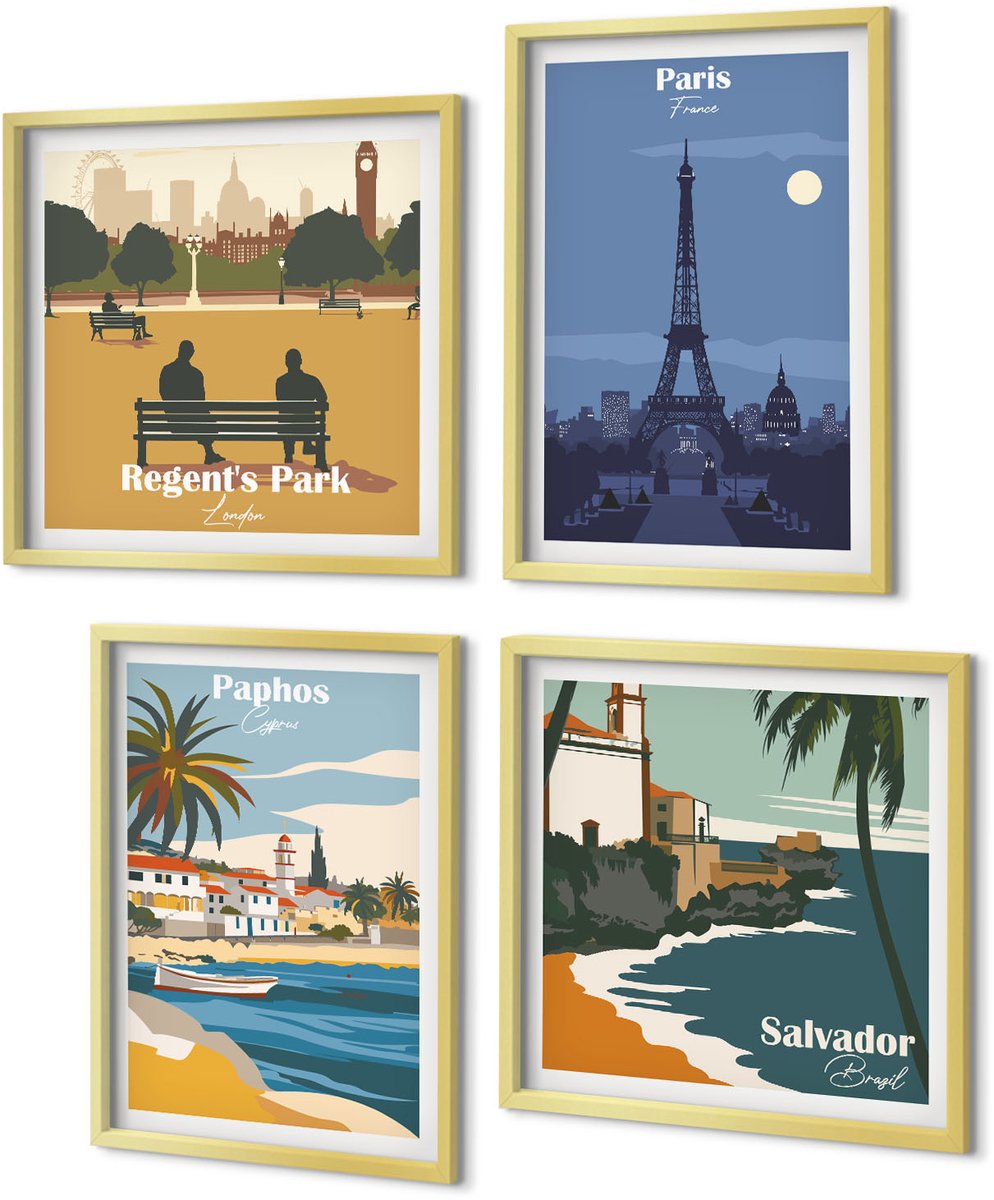 Coloray 4-Delige Schilderij Set - Uitzichten op kuststeden en hun architectuur - 40 x 40 cm en 40 x 60 cm - Wanddecoratie - Schilderijen Set - Kantoor - Moderne Wanddecoratie