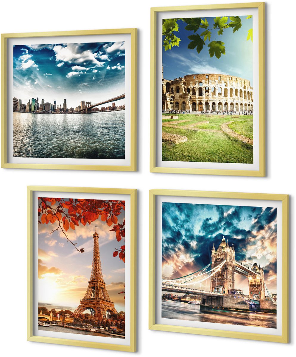 Coloray 4-Delige Schilderij Set - Monumenten van Europa in de warme kleuren van het landschap - 40 x 40 cm en 40 x 60 cm - Stijlvolle Muurdecoratie - Kantoor - Wanddecoratie