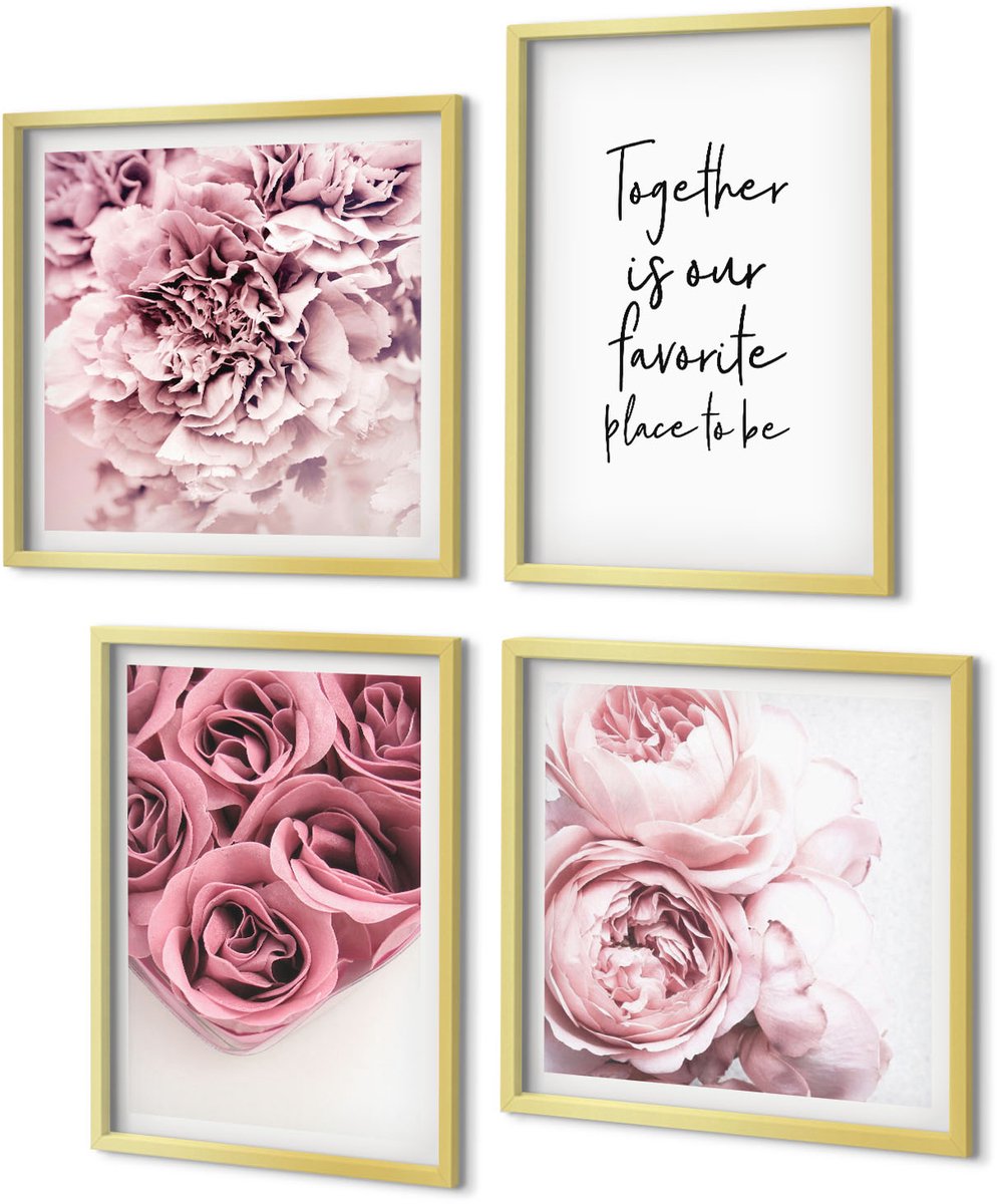 Coloray 4-Delige Schilderij Set - Bloemen en boeketten rozen met een zelfgeschreven tekst. - 40 x 40 cm en 40 x 60 cm - Muurdecoratie - Interieur Decoratie - Decoratieve Schilderijen