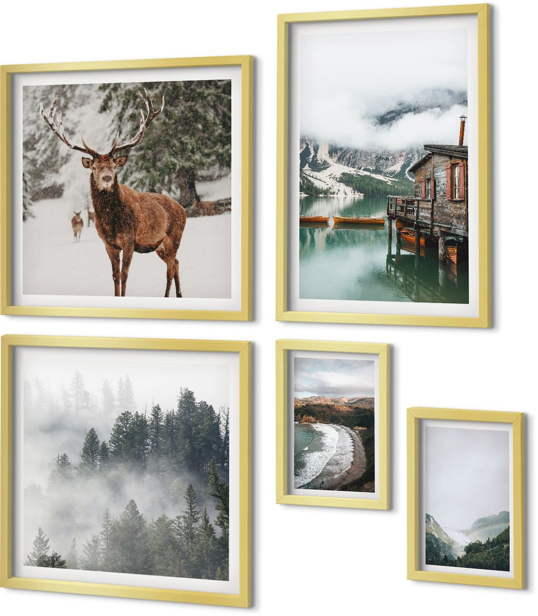 Coloray 5-Delige Schilderij Set - Natuur En Dieren In Berglandschappen - 50 x 50 cm, 20 x 30 cm En 40 x 60 cm - Muurdecoratie - Interieur Decoratie