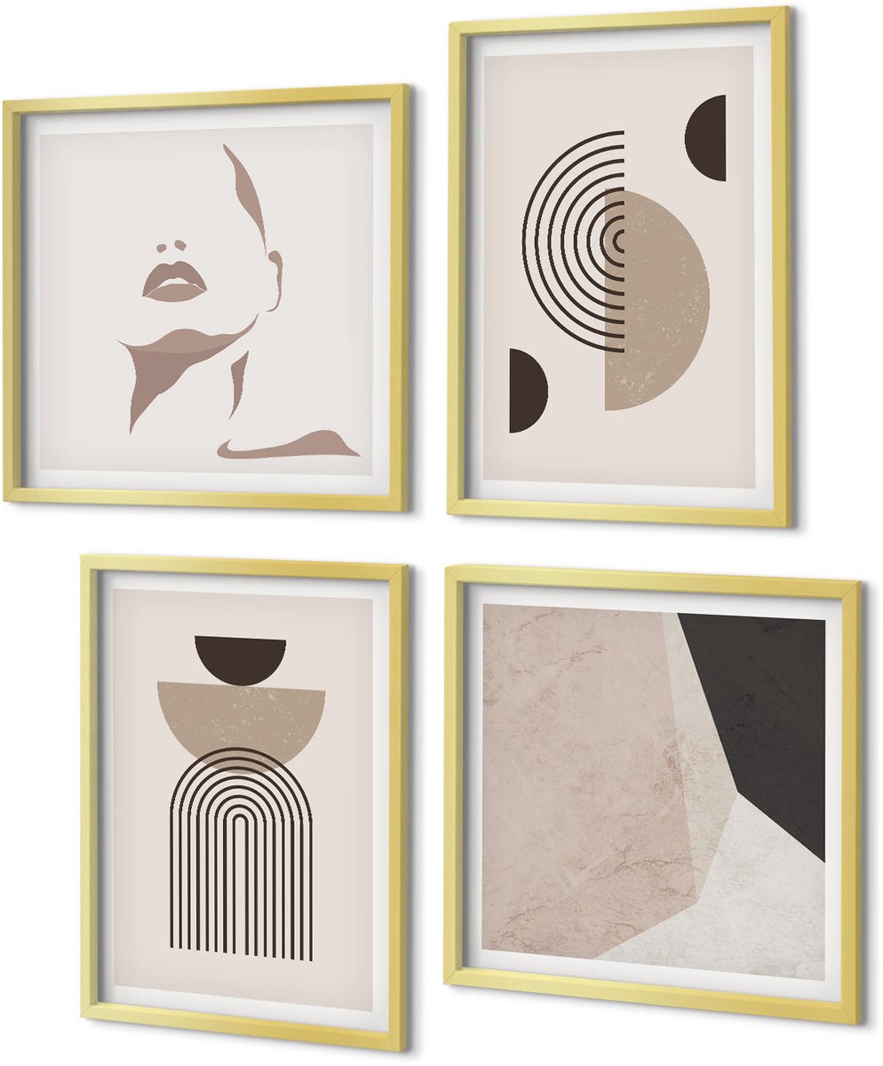 Coloray 4-Delige Schilderij Set - Abstracte geometrische vormen en gezichtssilhouet - 40 x 40 cm en 40 x 60 cm - Muurdecoratie - Schilderijen Set - Woonkamer - Interieur Decoratie