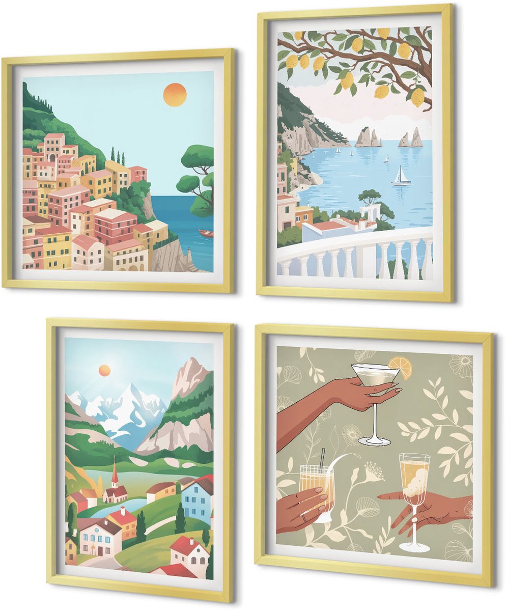 Coloray 4-Delige Schilderij Set - Uitzicht op zee met pastelkleurige huizen - 40 x 40 cm en 40 x 60 cm - Wanddecoratie - Muurdecoratie - Moderne Interieurdecoratie