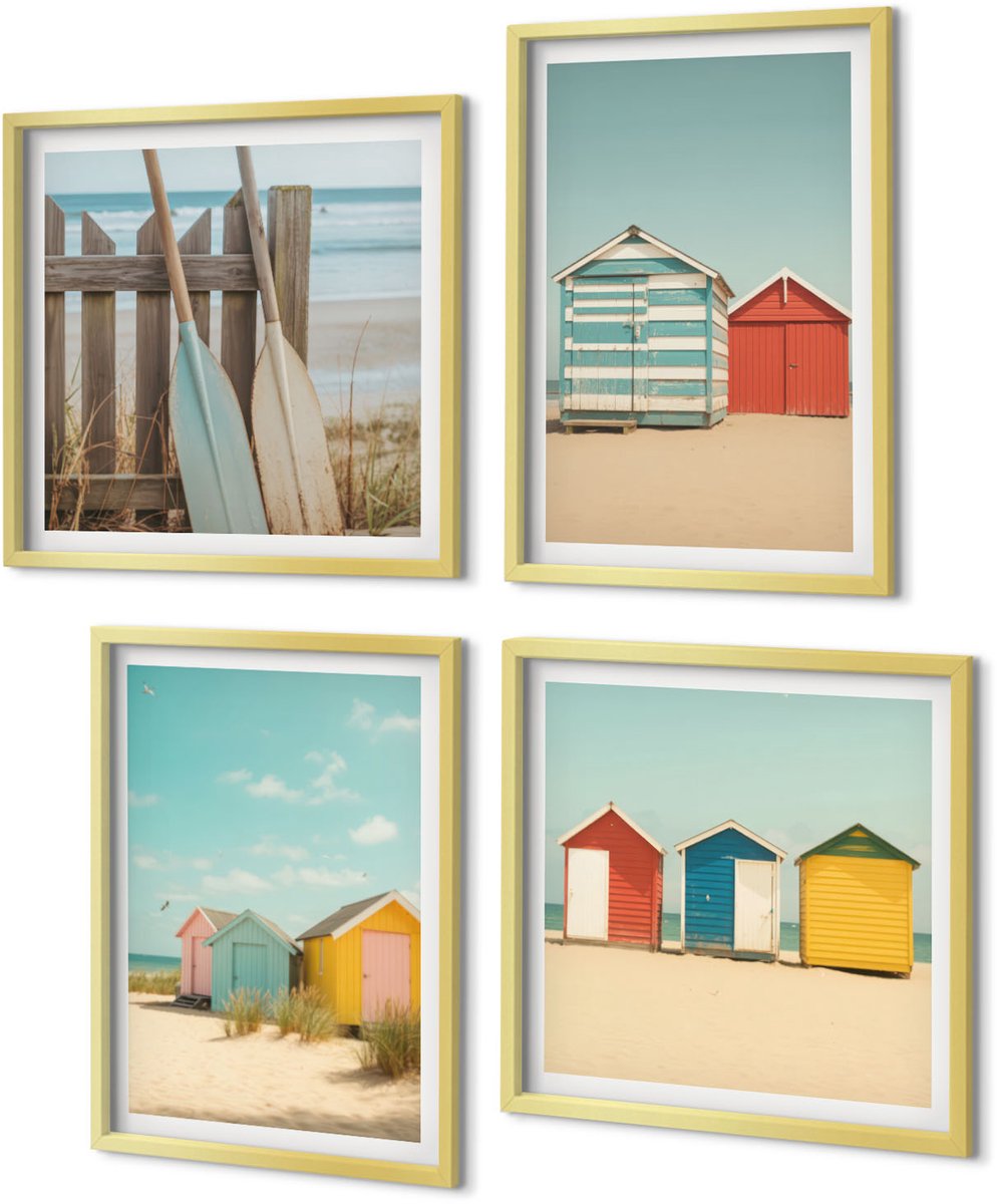 Coloray 4-Delige Schilderij Set - Kleurrijke strandhuisjes op een zonnige dag - 40 x 40 cm en 40 x 60 cm - Muurdecoratie - Wanddecoratie - Slaapkamer - Interieur Decoratie