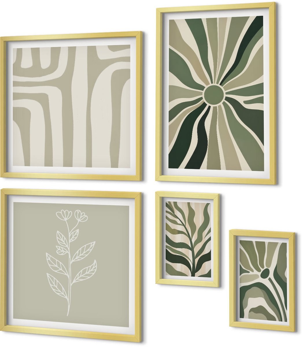 Coloray 5-Delige Schilderij Set - Abstracte Plantenpatronen In Groene Tinten - 50 x 50 cm, 20 x 30 cm En 40 x 60 cm - Wanddecoratie - Woonkamer Decoratie - Decoratieve Schilderijen