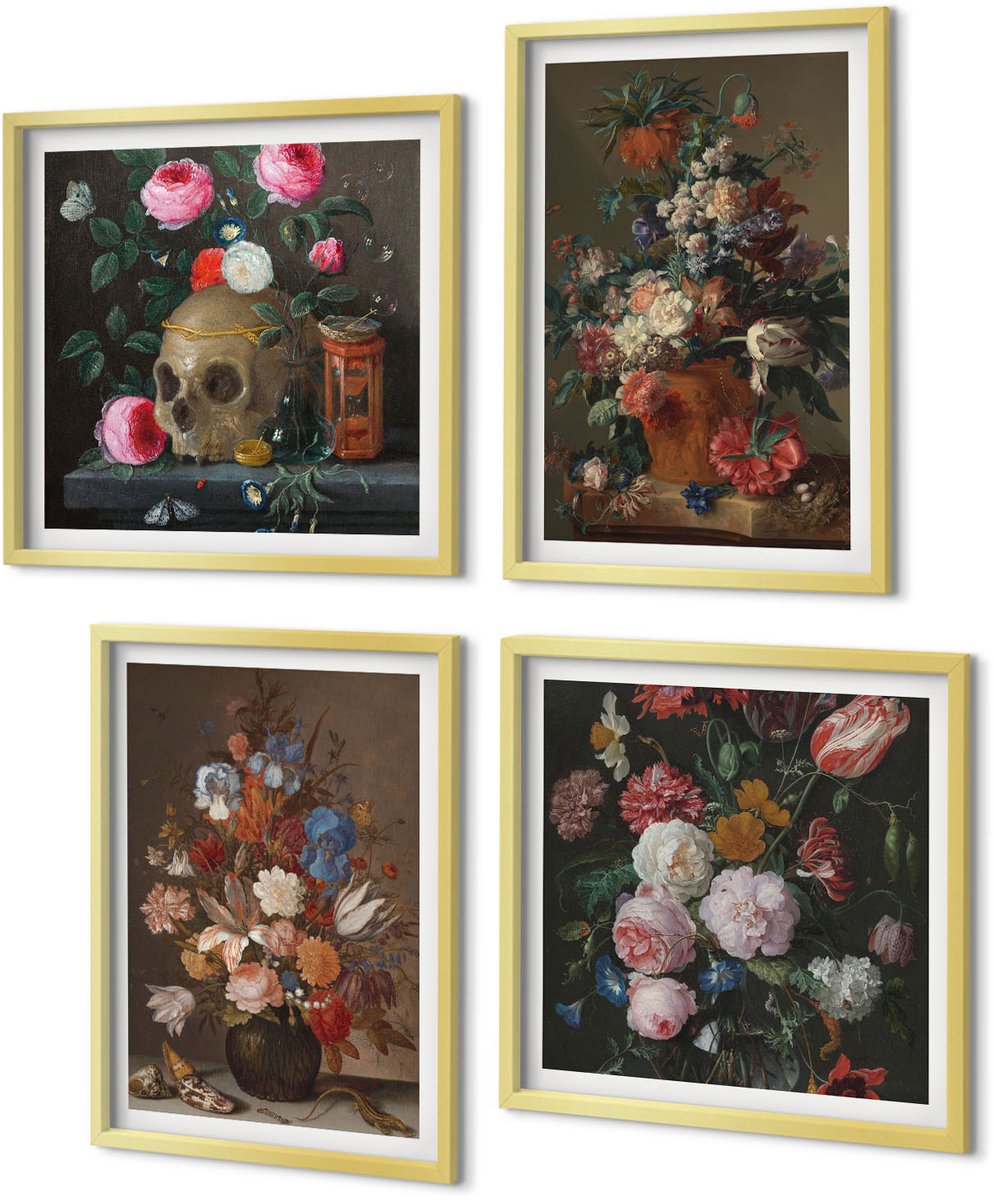 Coloray 4-Delige Schilderij Set - Bloemen in vazen: diverse vintage plantencomposities - 40 x 40 cm en 40 x 60 cm - Wanddecoratie - Schilderijen Set - Kantoor