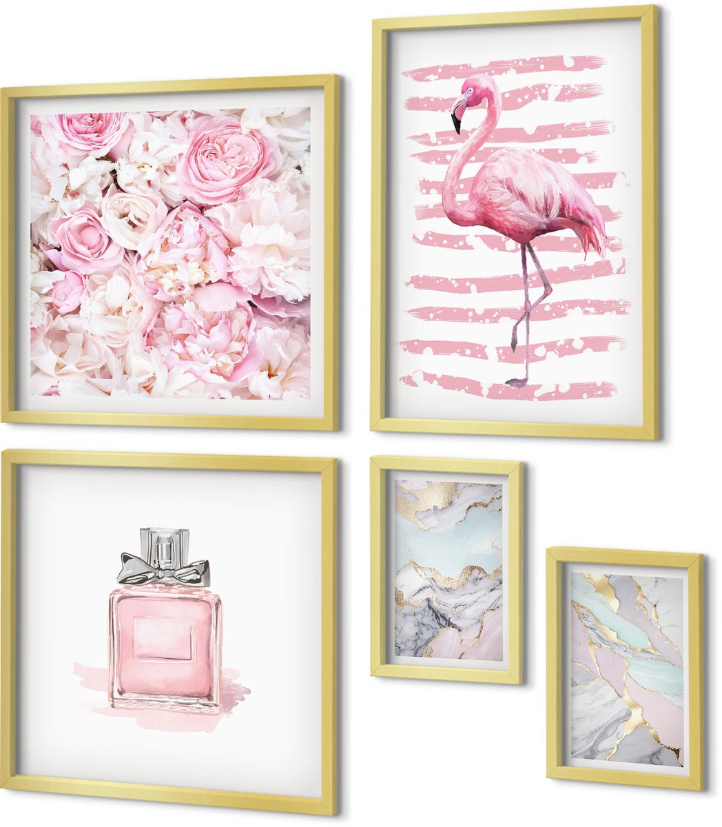 Coloray 5-Delige Schilderij Set - Stijlvolle Accenten In Roze Tinten Met Bloemen En Flamingo'S - 50 x 50 cm, 20 x 30 cm En 40 x 60 cm - Moderne Wanddecoratie - Slaapkamer - Woonkamer Decoratie