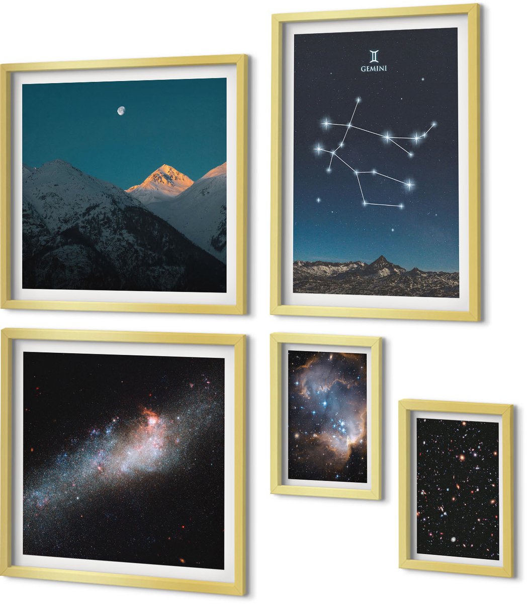 Coloray 5-Delige Schilderij Set - Ruimtelandschappen Met Sterrenbeelden En Melkwegen - 50 x 50 cm, 20 x 30 cm En 40 x 60 cm - Schilderijen Set - Wanddecoratie - Woonkamer - Muurdecoratie