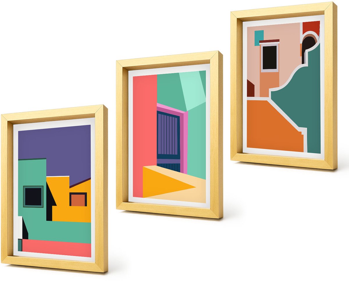 Coloray 4-Delige Schilderij Set - Kleurrijke stadsgezichten in een moderne stijl. - 20 x 30 cm - Decoratieve Muurdecoratie - Slaapkamer - Interieur Decoratie