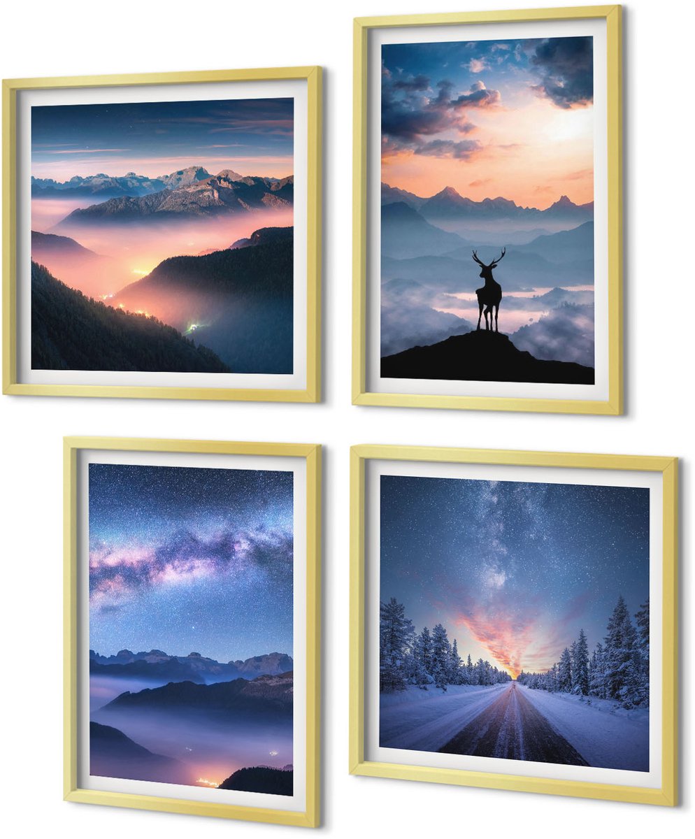 Coloray 4-Delige Schilderij Set - Nachtelijke hemel, berglandschappen in de mist en herten - 40 x 40 cm en 40 x 60 cm - Muurdecoratie - Decoratieve Schilderijen - Wohnzimmer - Woonkamer Decoratie