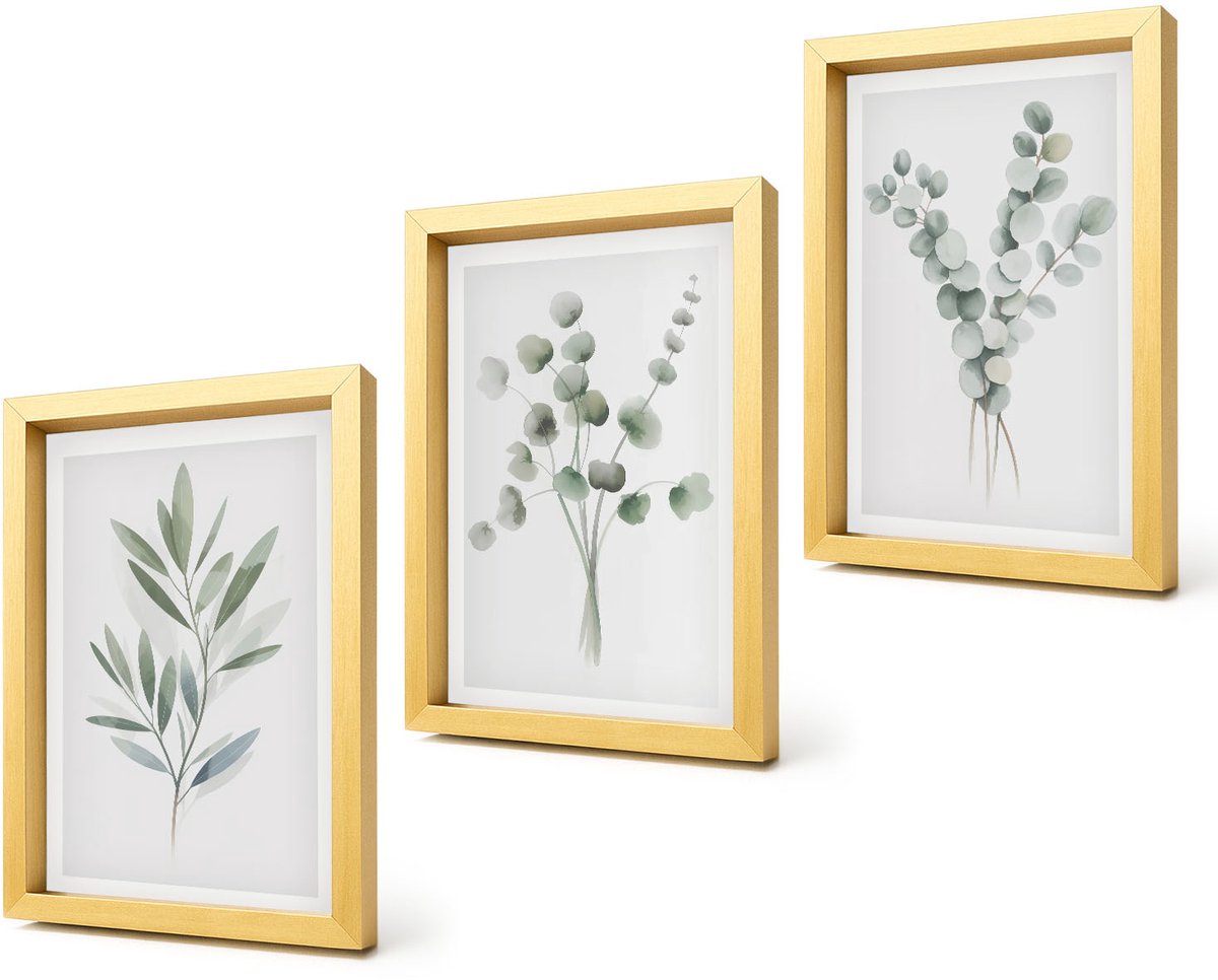 Coloray 4-Delige Schilderij Set - Plantenpatronen in tinten groen en grijs - 20 x 30 cm - Muurdecoratie - Interieur Decoratie - Moderne Wanddecoratie