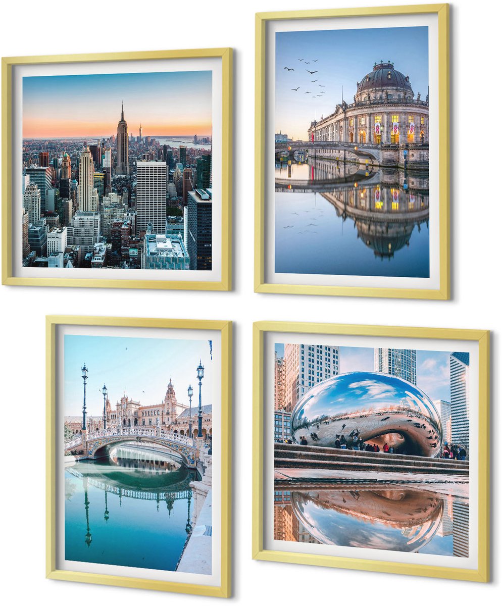 Coloray 4-Delige Schilderij Set - Stadsarchitectuur met weerspiegeling in het water - 40 x 40 cm en 40 x 60 cm - Decoratieve Muurdecoratie - Slaapkamer - Stijlvolle Muurdecoratie