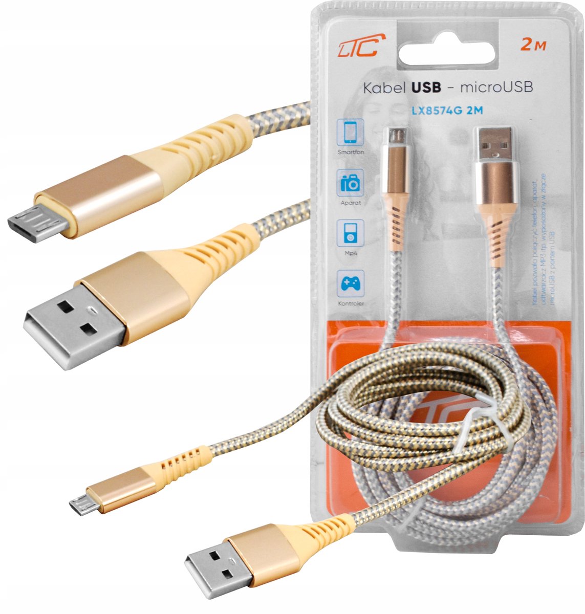 Gouden USB-A naar MicroUSB kabel 2M - sterke draad, snel opladen en data