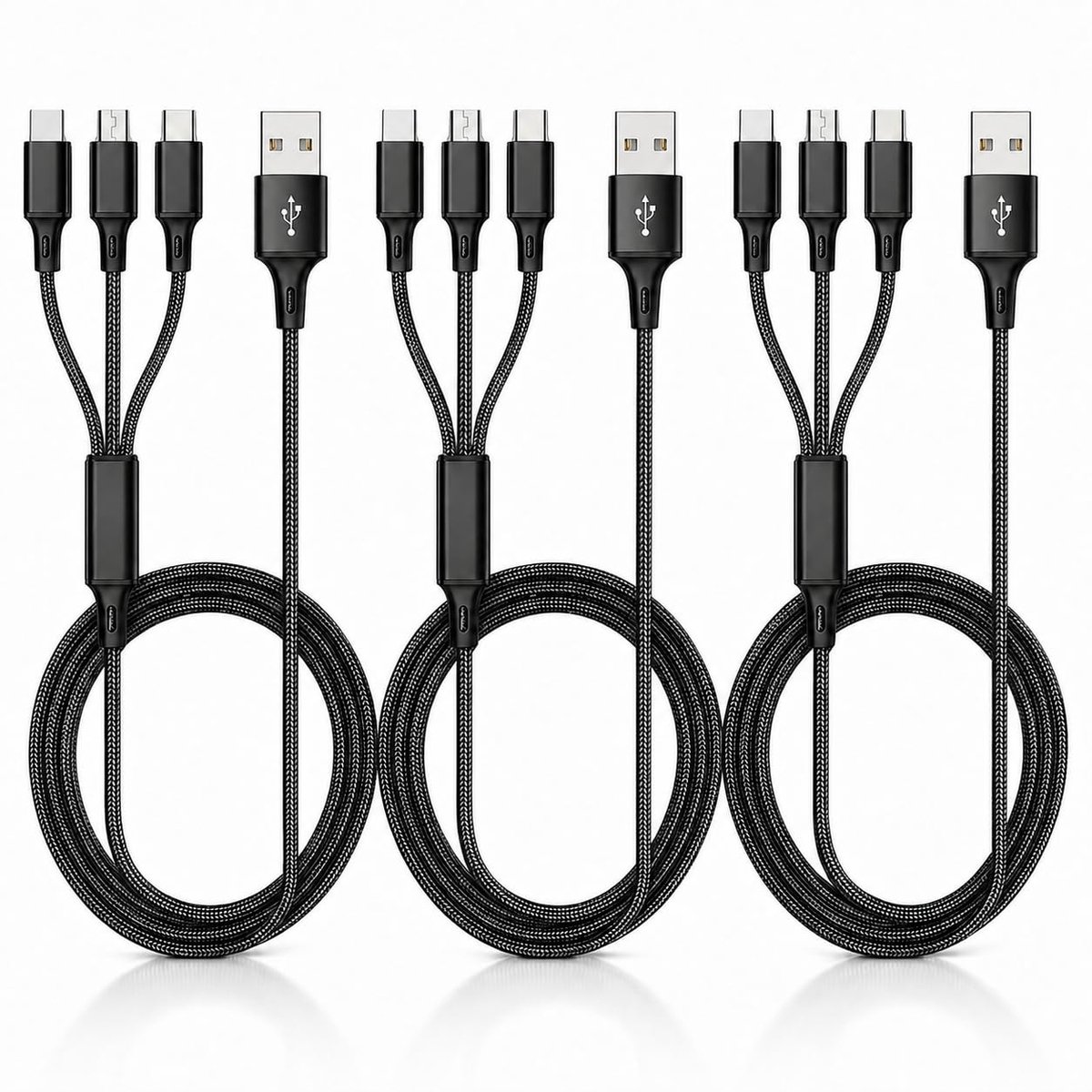 3 stuks 3-in-1 multi-USB-kabel, gevlochten nylon kabel met micro-USB- en type-C-stekkers, snel gelijktijdig opladen - ShopVlot