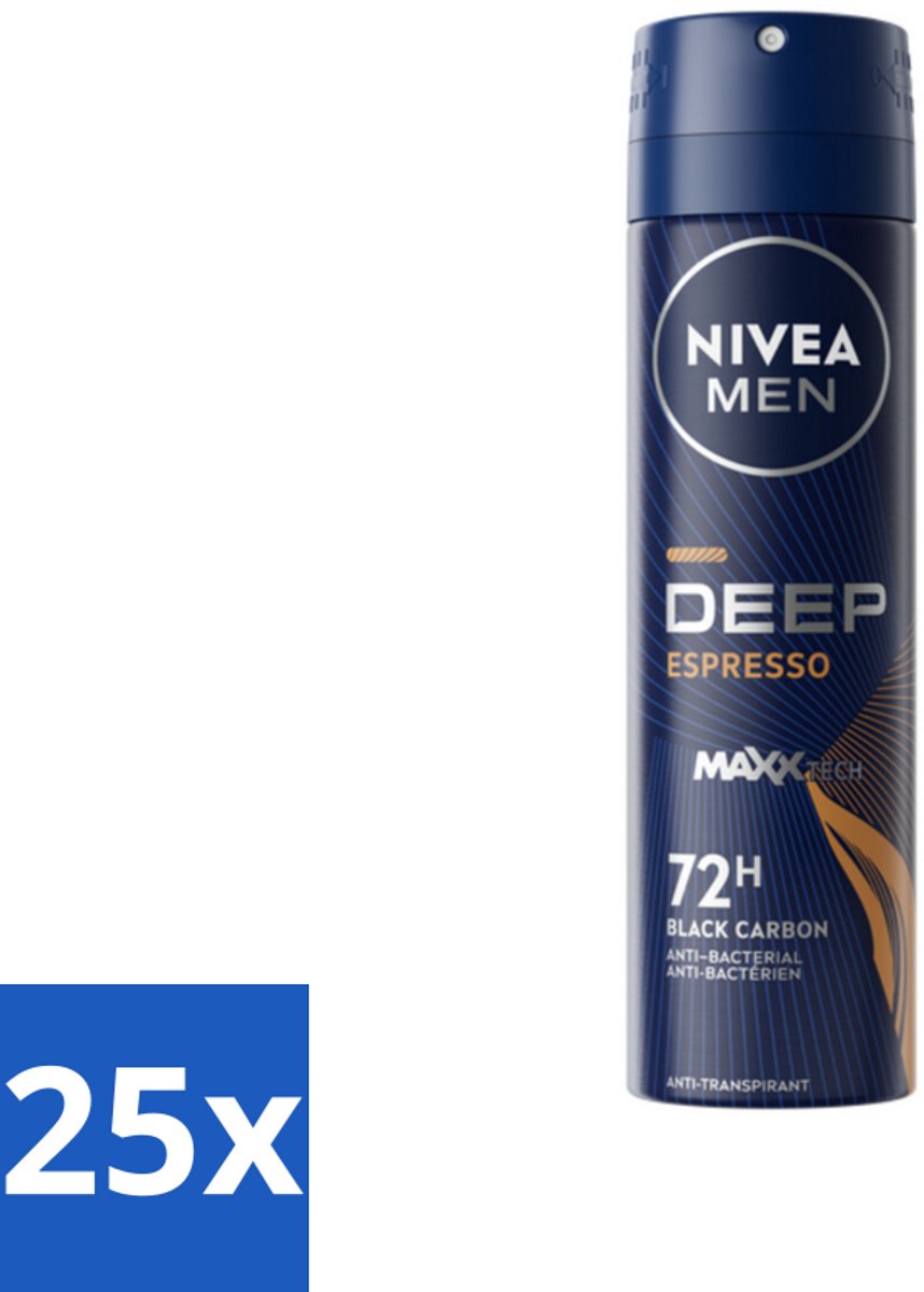 25 x NIVEA MEN - Deodorant Spray - Deep Espresso - 150 ml - Anti-transpirant Spray - 72 Uur Bescherming - Espresso Geur - Huidbescherming - Mannelijke Geur