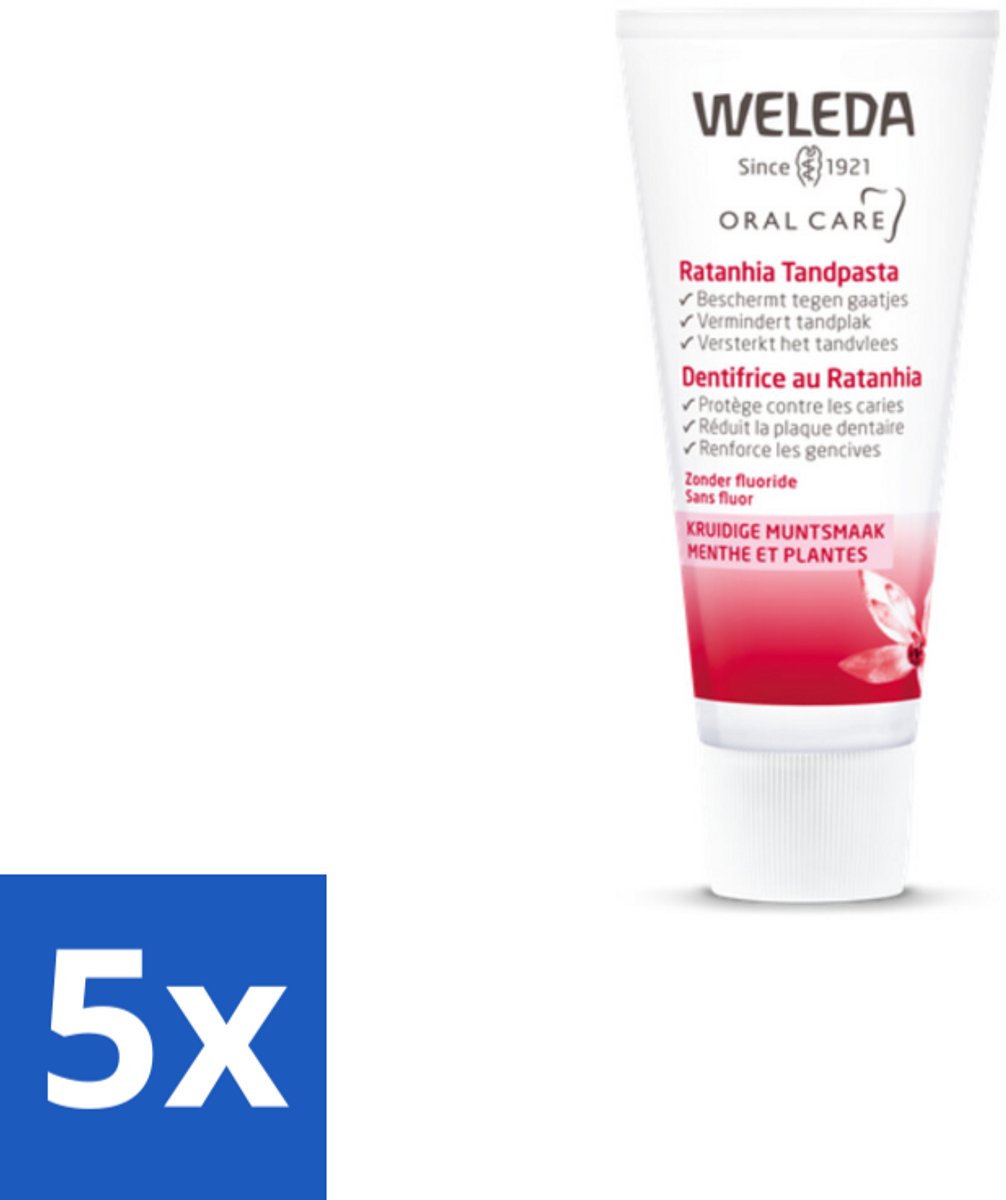 5 x WELEDA - Tandpasta - Ratanhia - 75 ml - Natuurlijke Tandpasta - Tandvleesversterkend - Tandpasta Zonder Fluoride - Tandpasta Met Ratanhia - Tandpasta Met Mirre