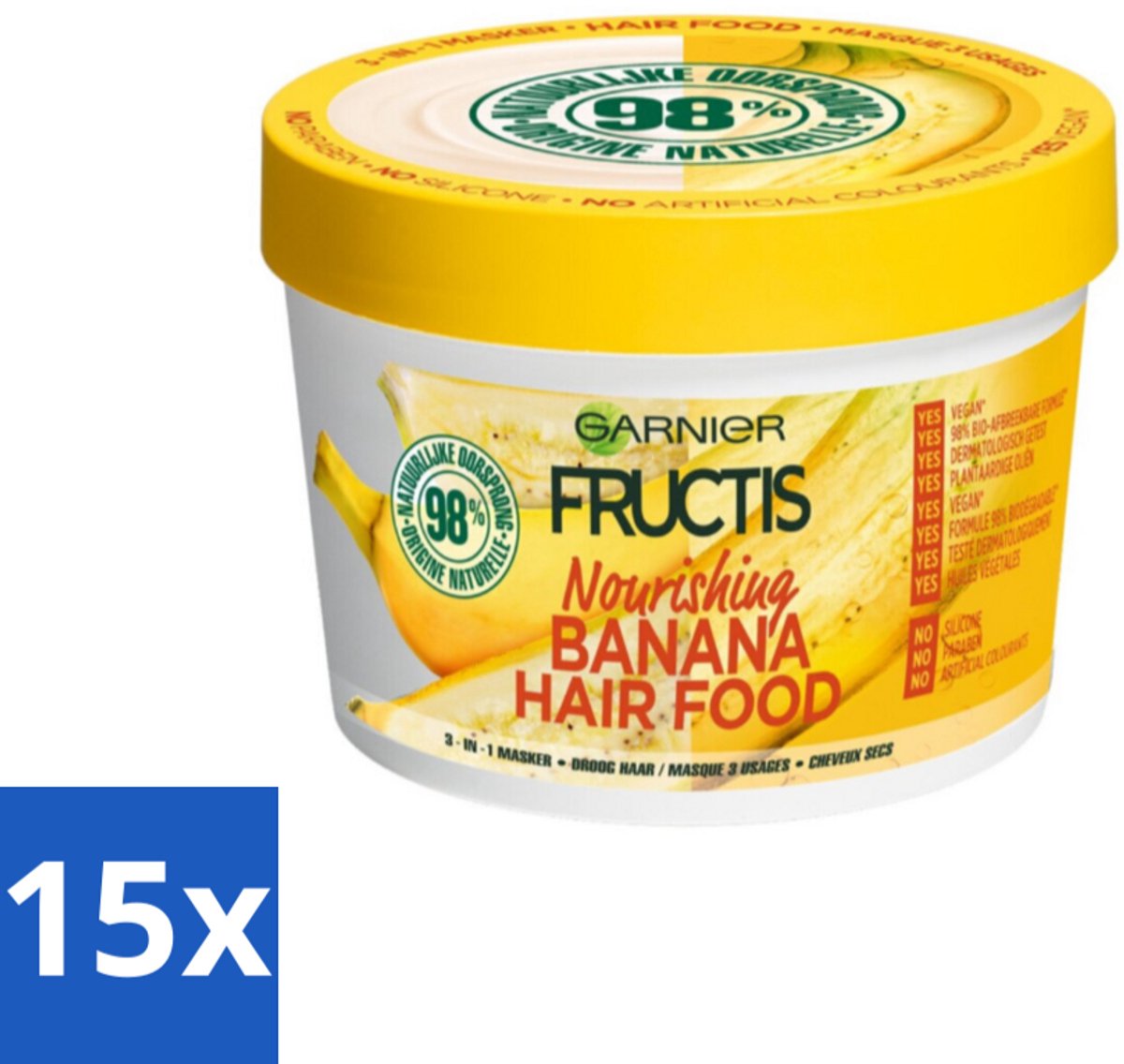 15 x Garnier - Fructis Hair Food Banana - 3-in-1 Haarmasker - Voedend - Droog Haar - 400 ml - Haarmasker - Kokosmelk - Macadamia - Droog Haar - Haarvoeding