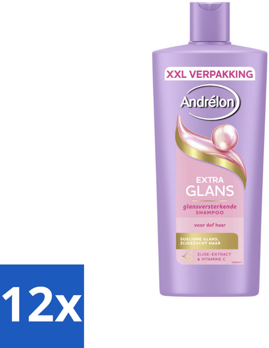 12 x Andrélon – Shampoo – Extra Glans – 685 ml - Glans Haar - Zijde Extract - Vitamine C - Stralende Haar - Gezonde Glans