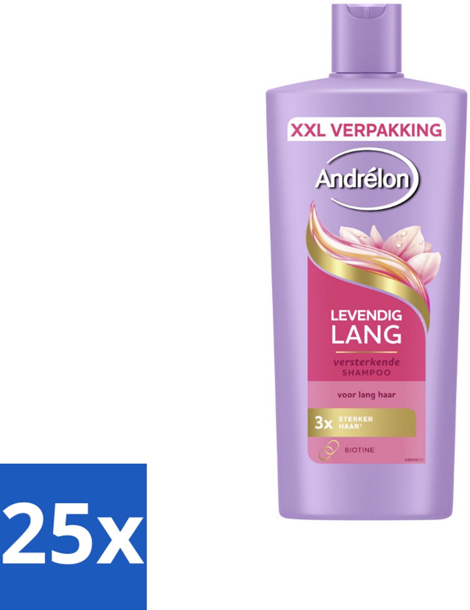 25 x Andrélon – Shampoo – Levendig Lang – 685 ml - Lang Haar Verzorging - Sterk Haar Shampoo - Biotine Shampoo - Haar Versterken - Beschadigd Haar Repareren