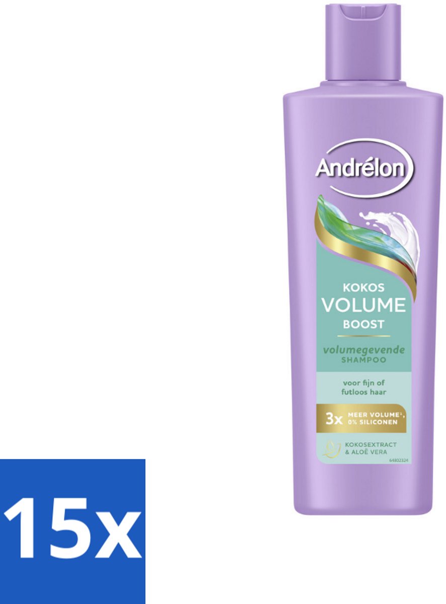 15 x Andrélon – Shampoo – Volume Boost – 250 ml - Haar Volume - Fijn Haar - Futloos Haar - Kokos Shampoo - Aloë Vera Shampoo