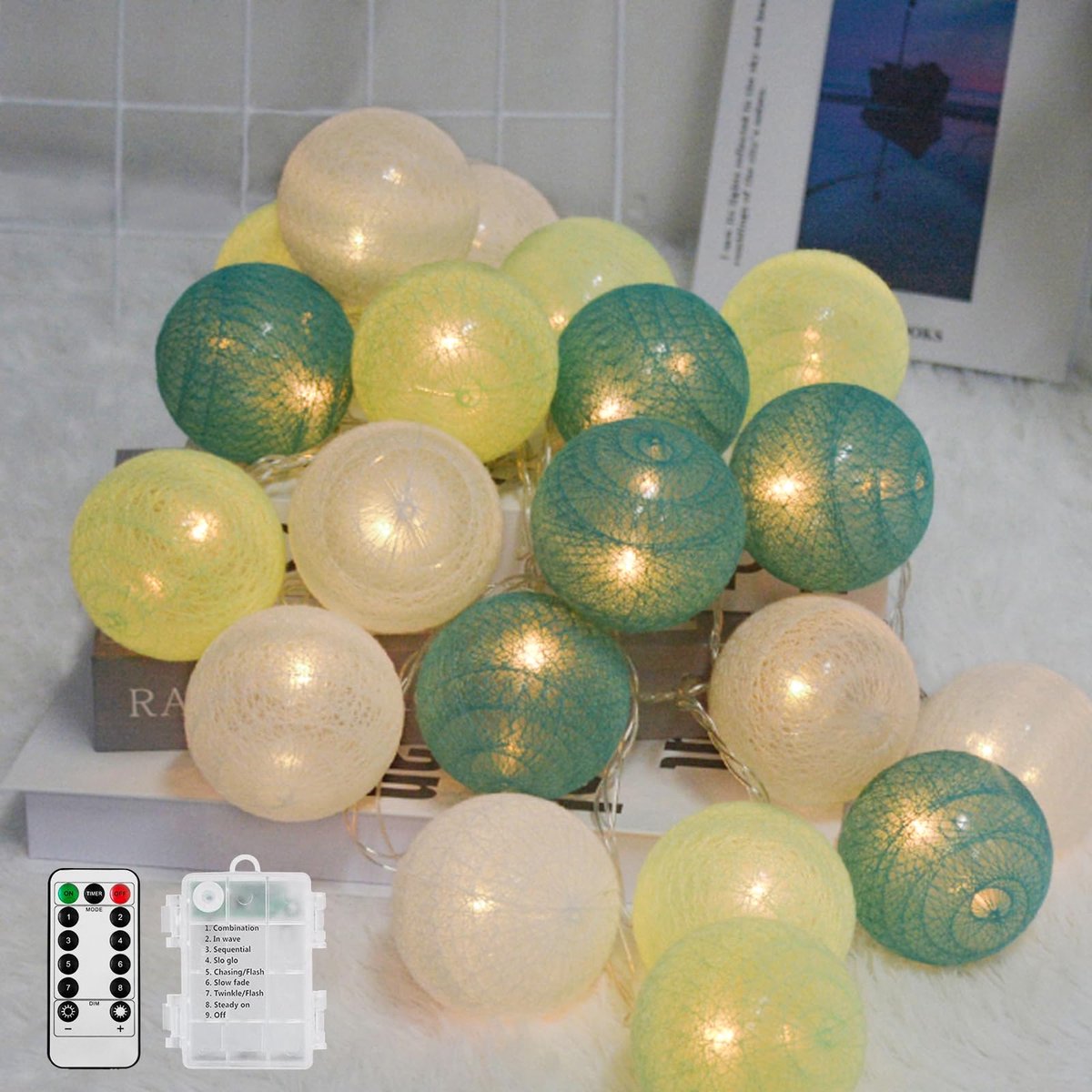 Lichtsnoer met katoenen bollen - 20 leds - dimbaar - sfeervolle verlichting voor kinderkamer - ShopVlot