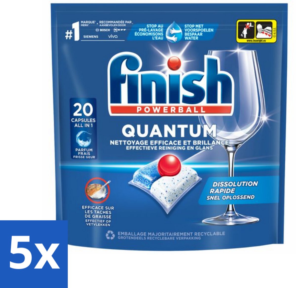 5 x Finish - Vaatwasmiddel - Quantum Vaatwastabletten Regular - Diepe Reiniging - 20 capsules - Vaatwasmiddel - Vaatwasmiddel Tablet - Vaatwasmiddel Quantum - Vaatwasmiddel Diepe Reiniging - Vaatwasmiddel Glans