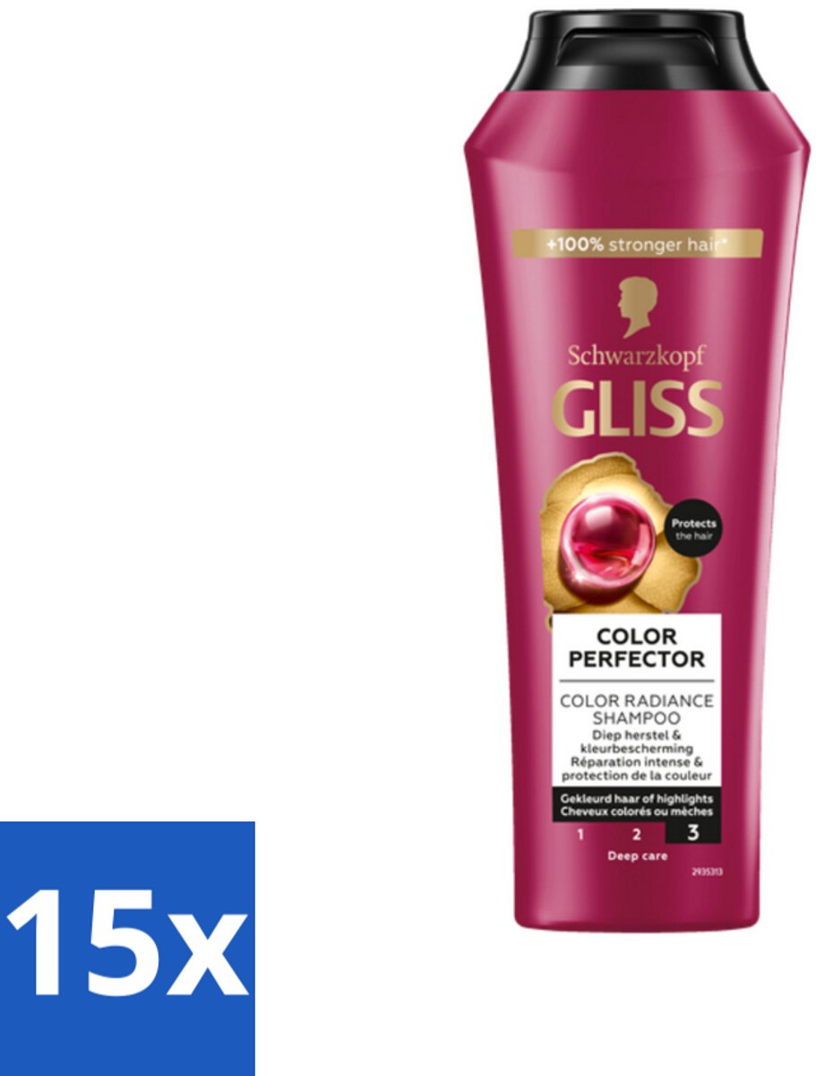15 x Gliss - Shampoo - Color Protect & Shine - Voor Langdurige Kleurbehoud - 250 ml - Kleurbehoud Haar - Glans Haar - Beschermende Shampoo - Gekleurd Haar - Highlights Haar