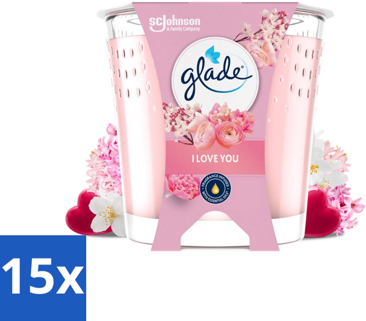 15 x Glade - Geurkaars I Love You - 100% Raapzaadwas & Vegan - 112 g - Geurkaars I Love You - Vegan Geurkaars - Bloemige Geur - Kaars 100% Raapzaadwas - Milieuvriendelijke Kaars