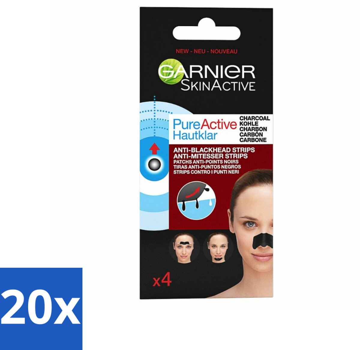 20 x Garnier - Pure Active - Anti-Mee-Eters Strips - Charcoal - Neus, Voorhoofd & Kin - 4 Strips - Anti-meeteers Strips - Huid Reinigen - T-zone Reinigen - Houtskool Strips - Acne Behandeling