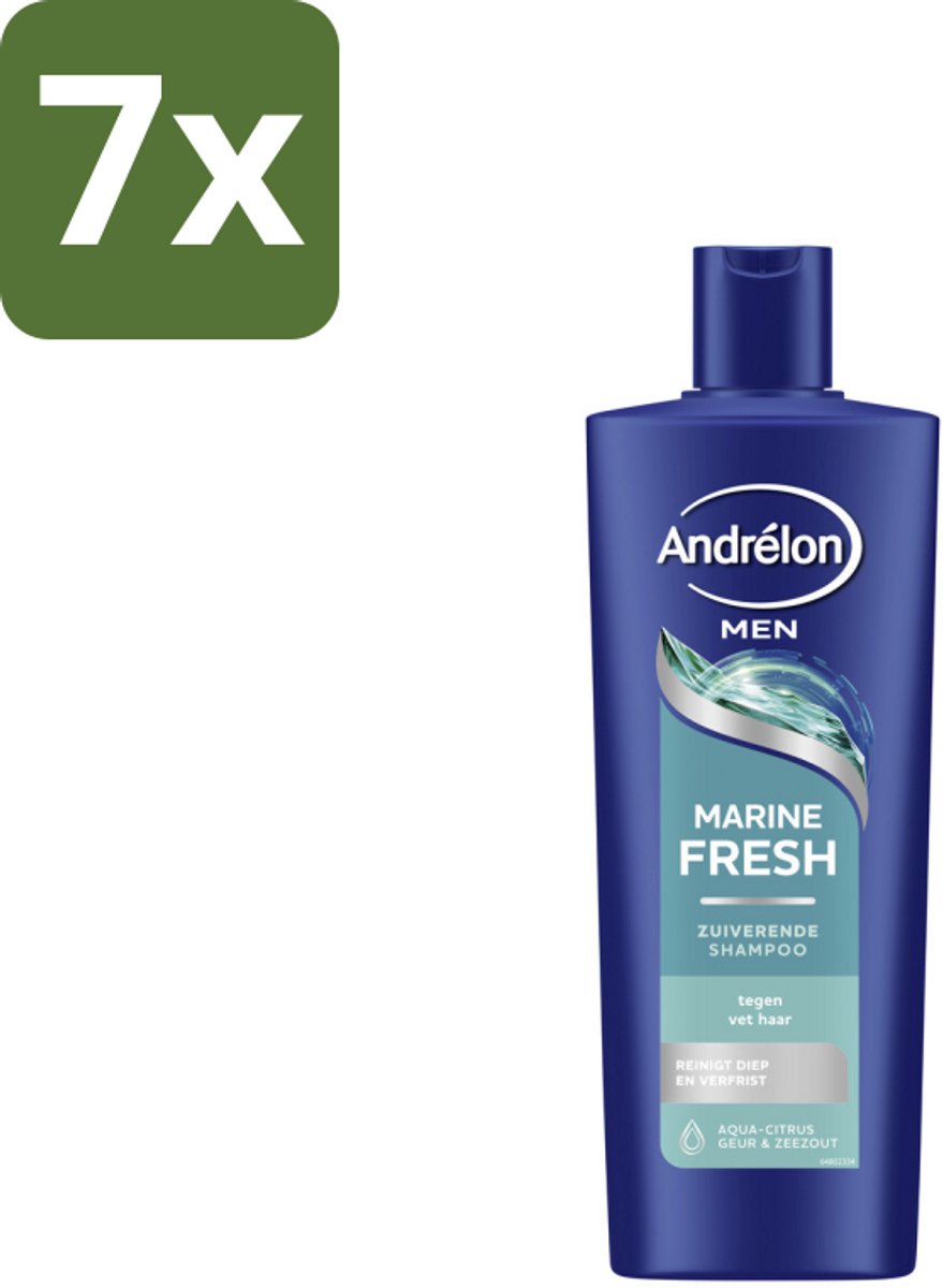 7 x Andrélon – Shampoo – Marine Fresh Men – 400 ml - Manen Shampoo - Vet Haar Reinigen - Stylingresten Verwijderen - Zeezout Shampoo - Aqua Citroen Geur