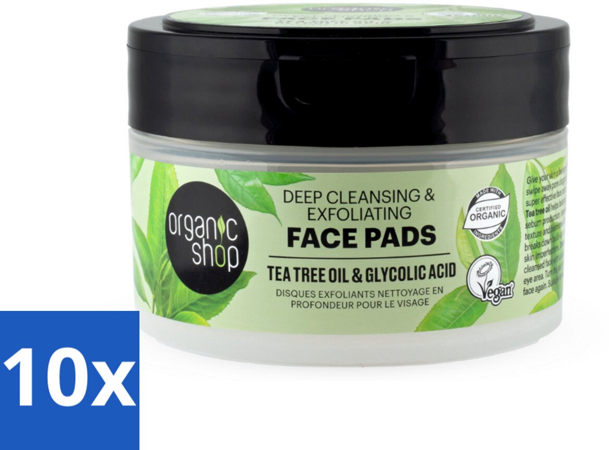 10 x Organic Shop - Face Pads Deep Cleansing - Verfrissend en Reinigen - 20 Pads - Gezichtsreiniging - Face Pads - Diepe Reiniging - Tea Tree Olie - Glycolzuur
