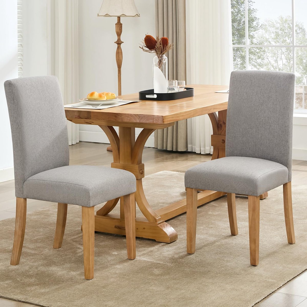 Triumpunpre - Set van 2 Gestoffeerde Eetkamerstoelen - Linnenlook Bekleding - Stevige Houten Poten - Grijs