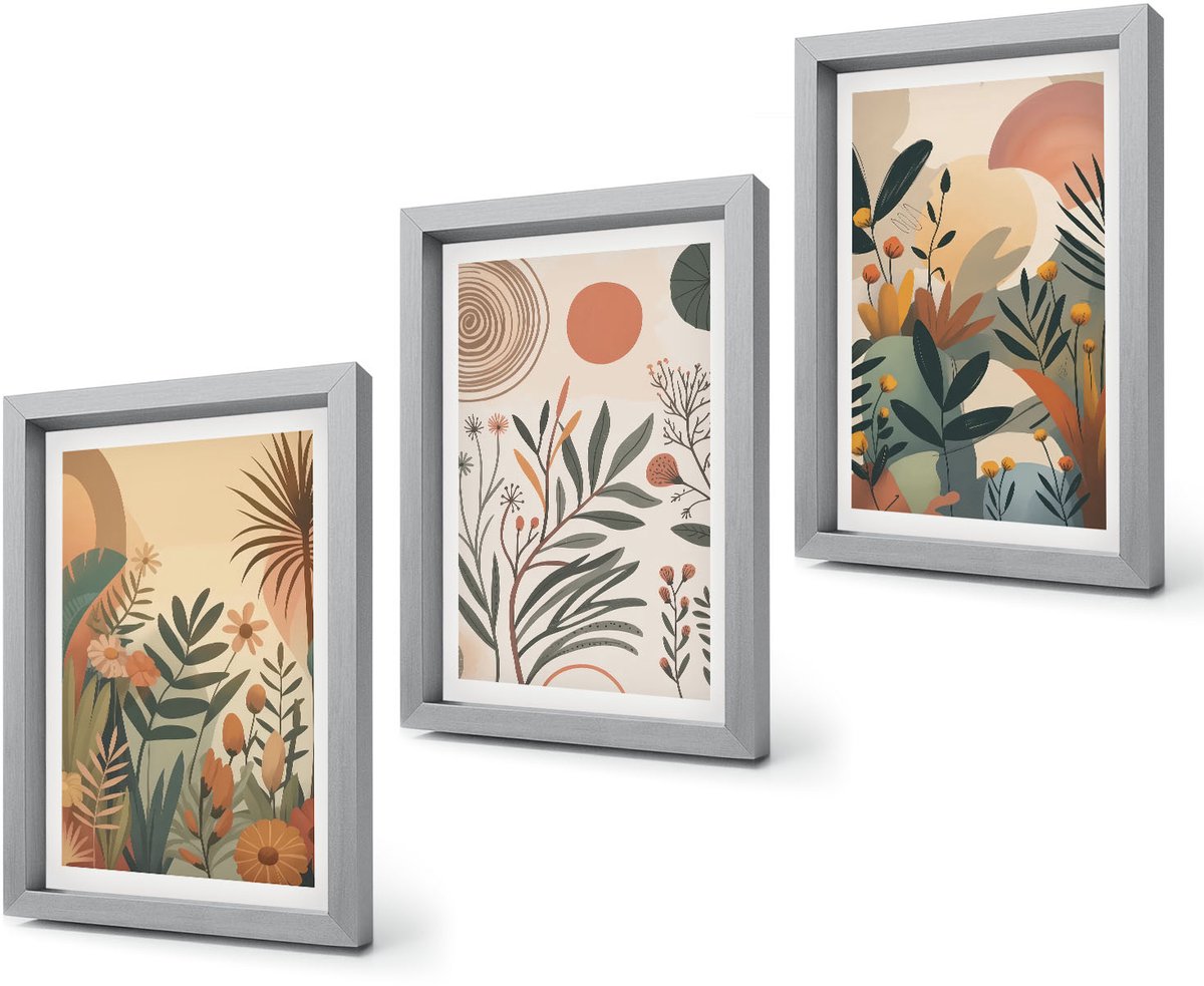 Coloray 4-Delige Schilderij Set - Plantmotieven in gedempte kleuren met cirkels. - 20 x 30 cm - Muurdecoratie - Schilderijen Set - Woonkamer - Interieur Decoratie Zilveren lijst