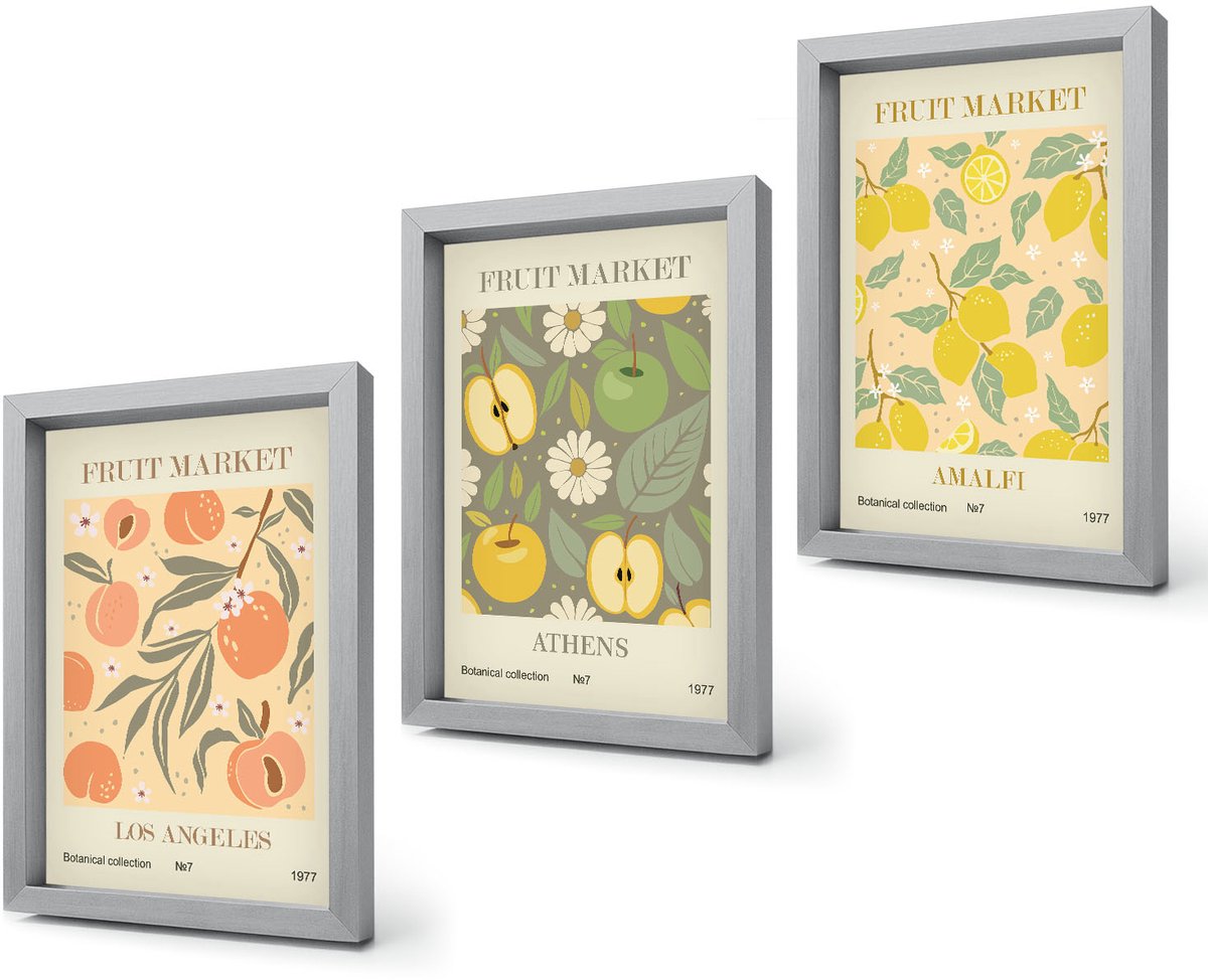 Coloray 4-Delige Schilderij Set - Posters met fruitmotieven in retrostijl - 20 x 30 cm - Wanddecoratie - Woonkamer Decoratie Zilveren lijst