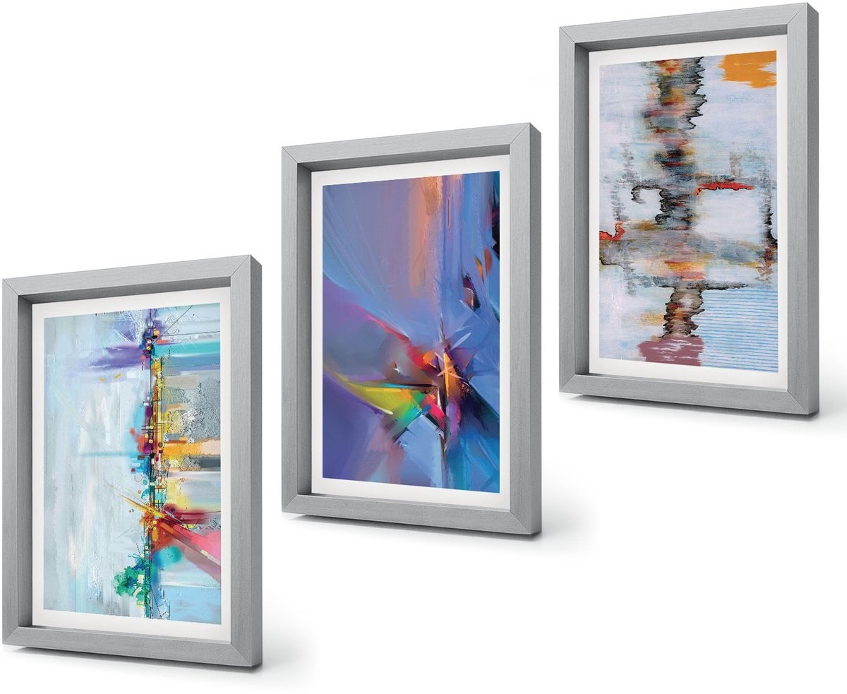 Coloray 4-Delige Schilderij Set - Abstracte composities in schilderstijl - 20 x 30 cm - Moderne Wanddecoratie - Slaapkamer - Stijlvolle Muurdecoratie Zilveren lijst