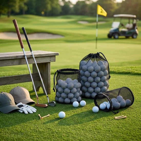 Zwarte golfbal tas groot voor 50 golfballen – netstof opberg tas met trekkoord – golf ballen draag tas – golf trainings materiaal en golf accessoires voor heren en dames — afbeelding 3
