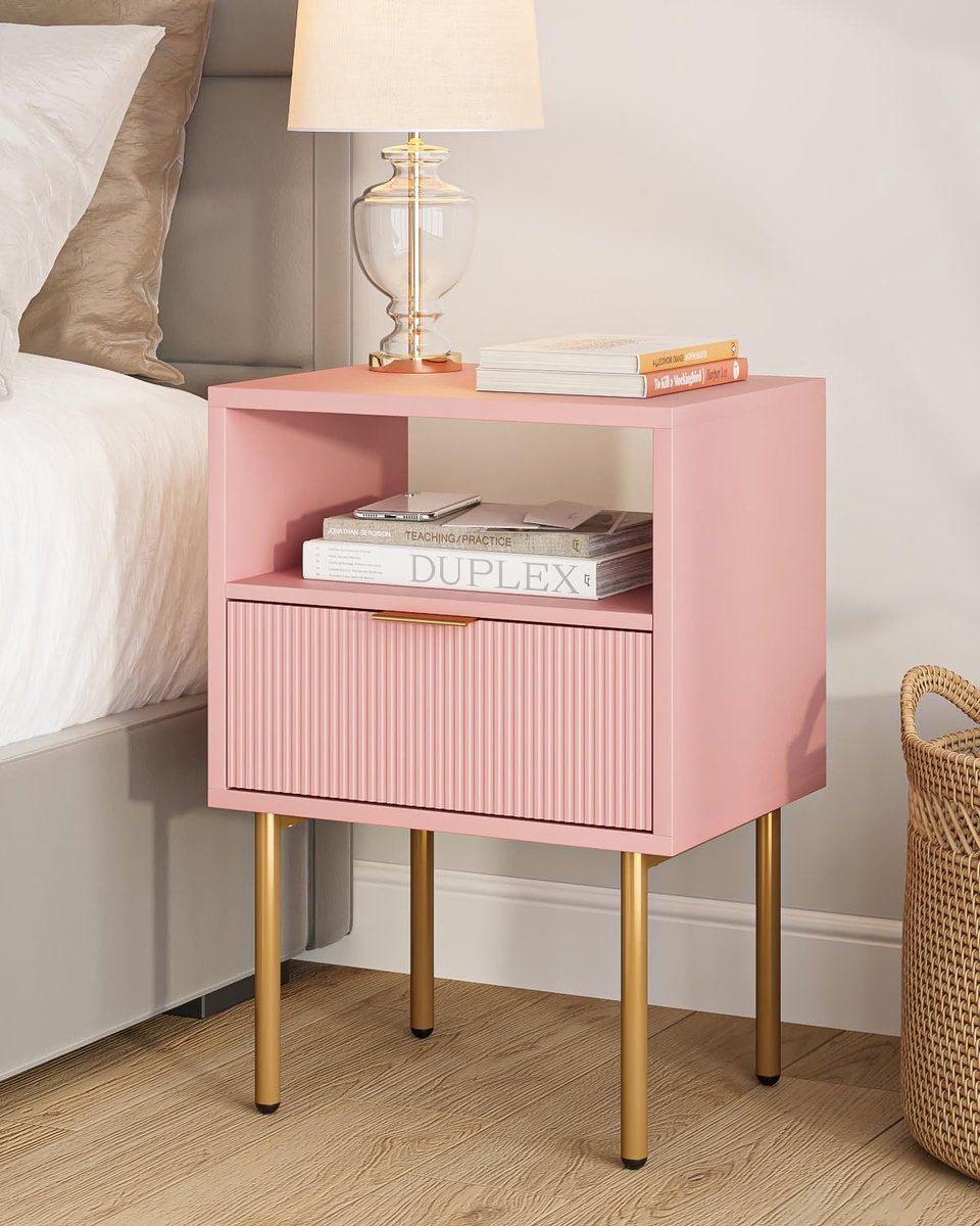 Famanu – Nachtkastje met 1 open plank en 1 lade, boho-nachtcommode voor slaapkamer en woonkamer, roze