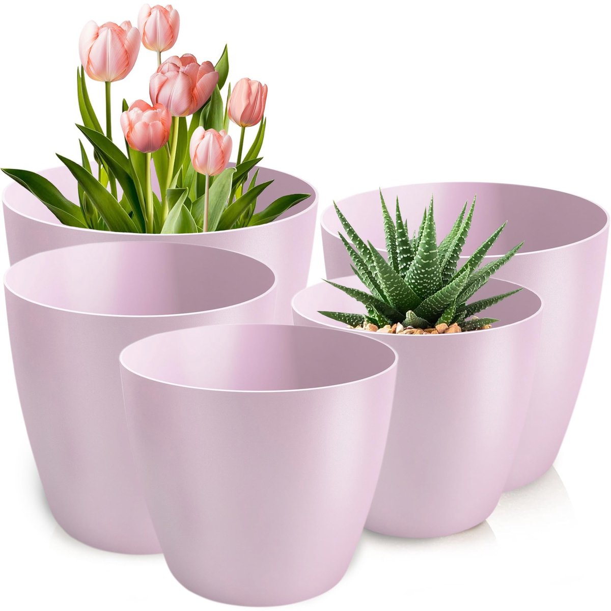 Famanu – Set van 5 bloempotten in verschillende maten (12/14/16/18/20 cm), kunststof plantenpotten voor grote en kleine planten, roze