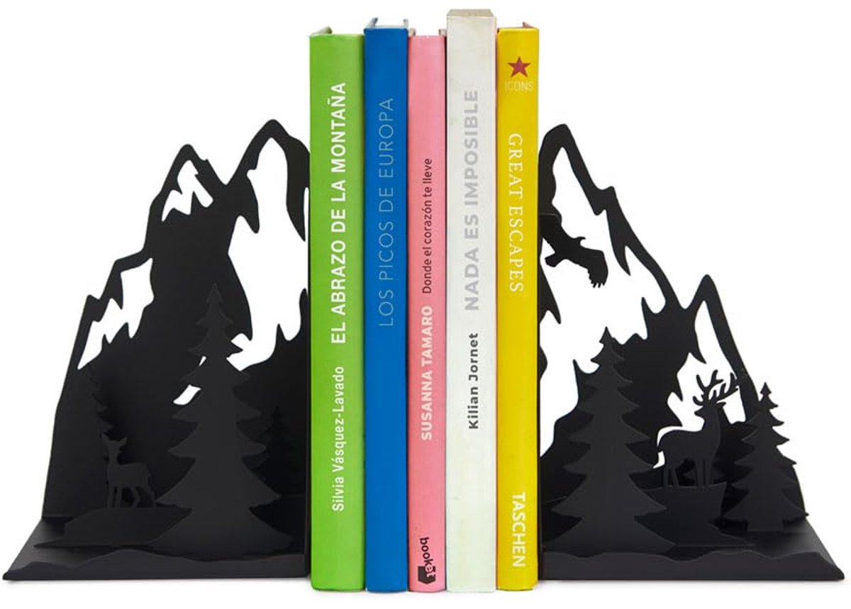Famanu Boekensteunen met berglandschap, zwart nylon, ideaal voor het organiseren van boeken en tijdschriften Multicolor