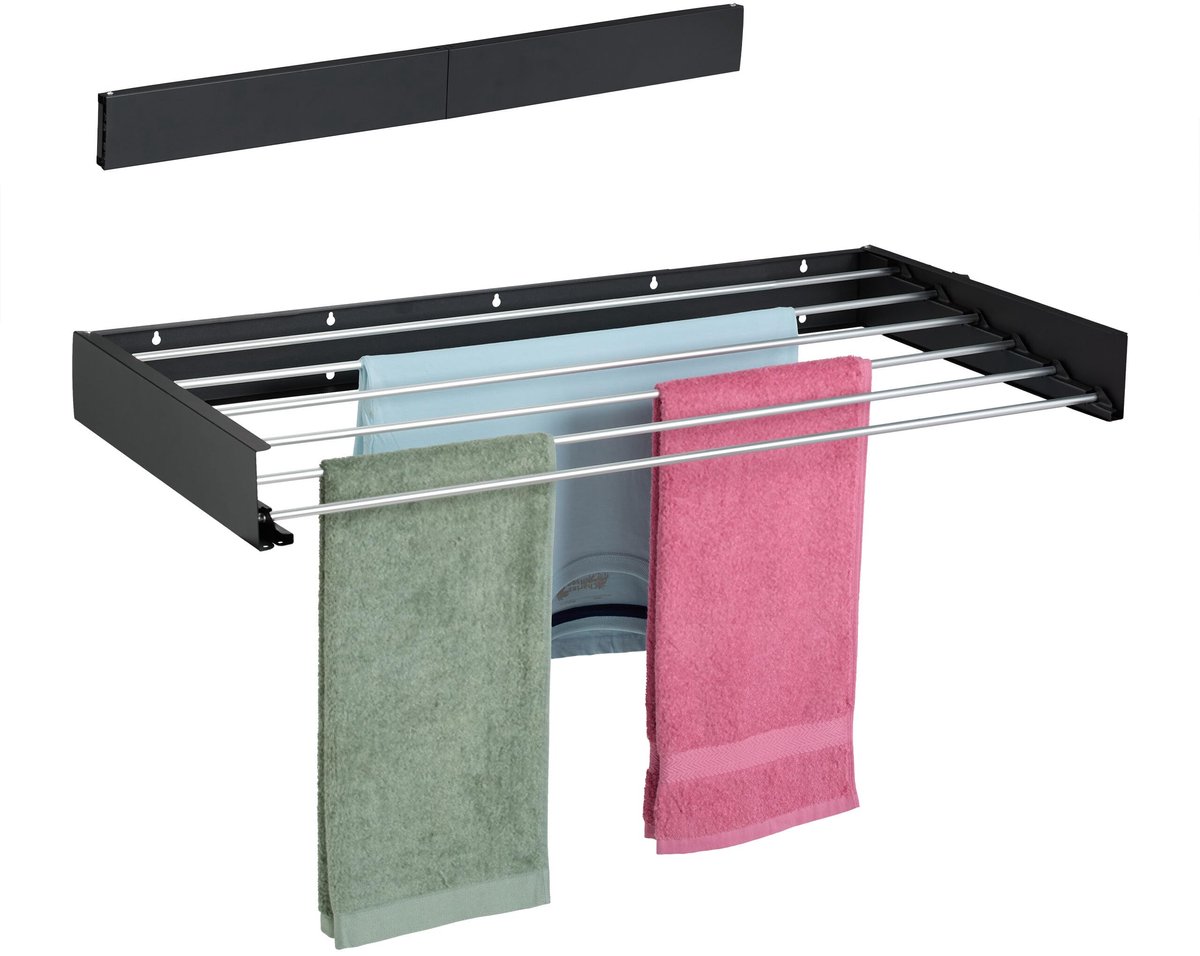 Famanu – Inklapbaar wanddroogrek, wasrek voor binnen en buiten, ruimtebesparend, zwart, 15 x 100 x 50 cm