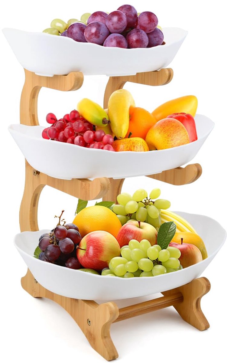 Famanu – Fruitmand met 3 etages van kunststof en standaard van hout, geschikt voor fruit en groenten, voor keukendecoratie