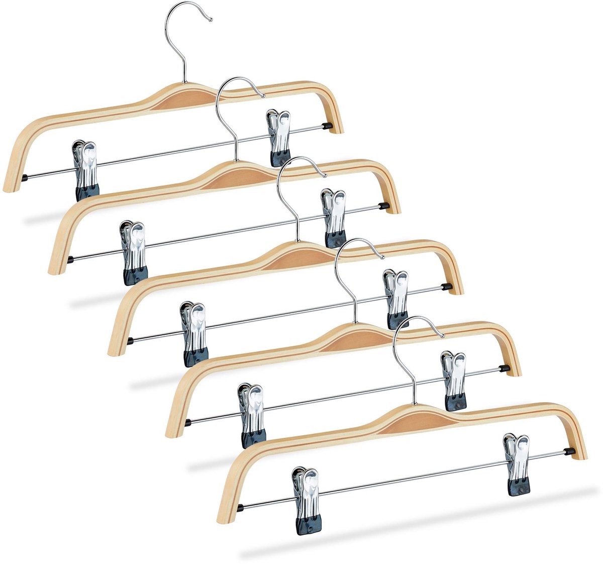 Famanu – Broekhanger set van 5 van hout met verstelbare clips en 360° draaibare haken, 37 cm breed, in natuurkleur