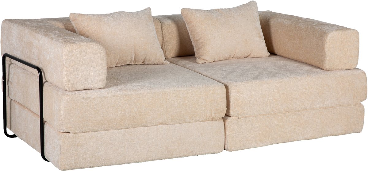 Merax 2-Zits Slaapbank - 200 x 100 cm - Beige Chenillestof - Uitklapbaar Vloerbed 200 x 200 cm - Modulaire Bank - Zonder Montage
