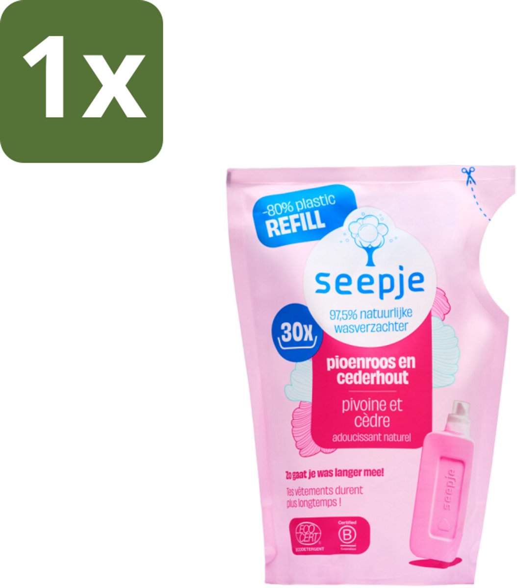 Seepje - Wasverzachter - Duurzaam & Frisse Geur - Navulling - Pioenroos en Cederhout - 30 Wasbeurten - 750 ml - 1 stuk